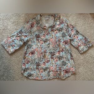 Chico’s Floral Print Button Up Blouse 100% Linen Cuff Sleeve Size 2 (us Size 12)